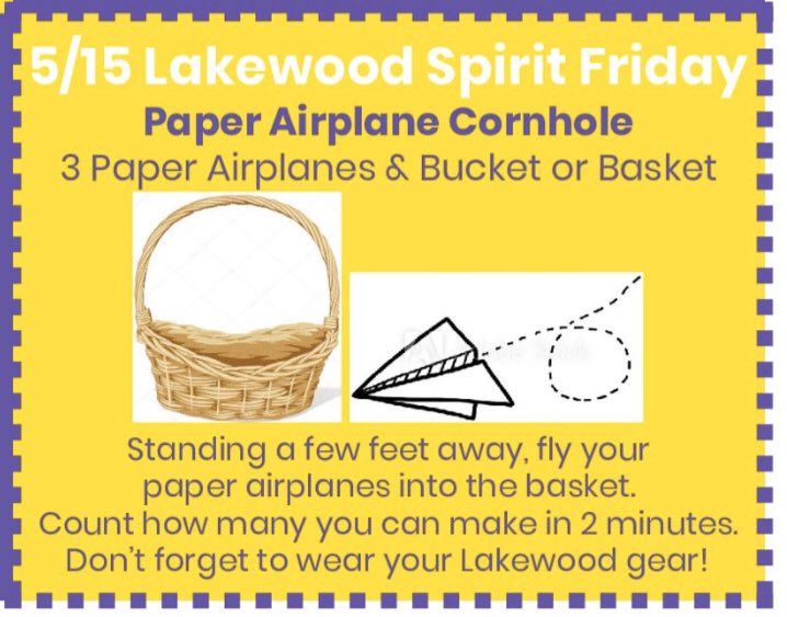 Which Emerson teachers will be joining you today for the final challenge? 
📄✈️🌽🕳 
Paper Airplane Cornhole!
#EmersonConnects <a href="/LkwdEmersonPE/">George Russ</a>