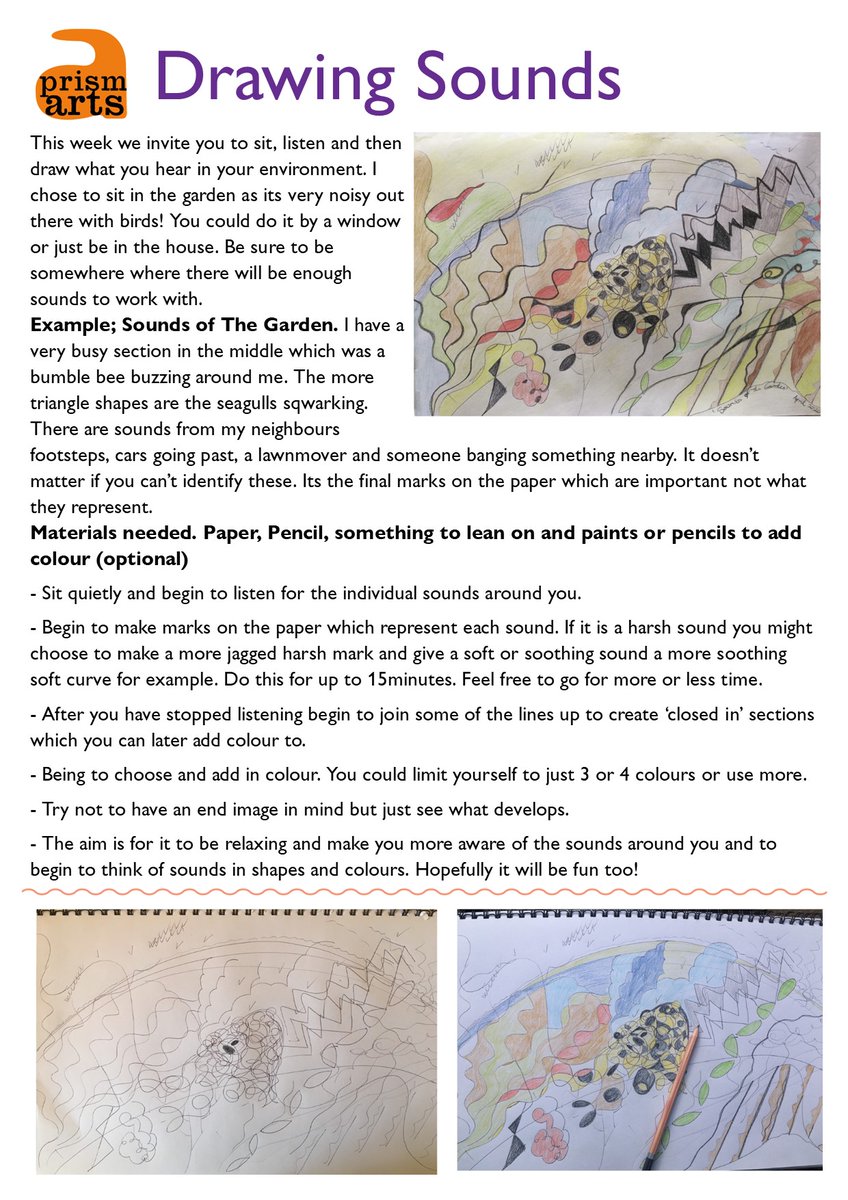 Today we wanted to share with you a relaxing activity to sit, listen and then draw what you hear. 
We would love to see what you create so please feel free to send us photos! 
Support Prism Arts - bit.ly/Prismdonate
<a href="/ace_national/">Arts Council England</a> #lockdownactivity #creativetask