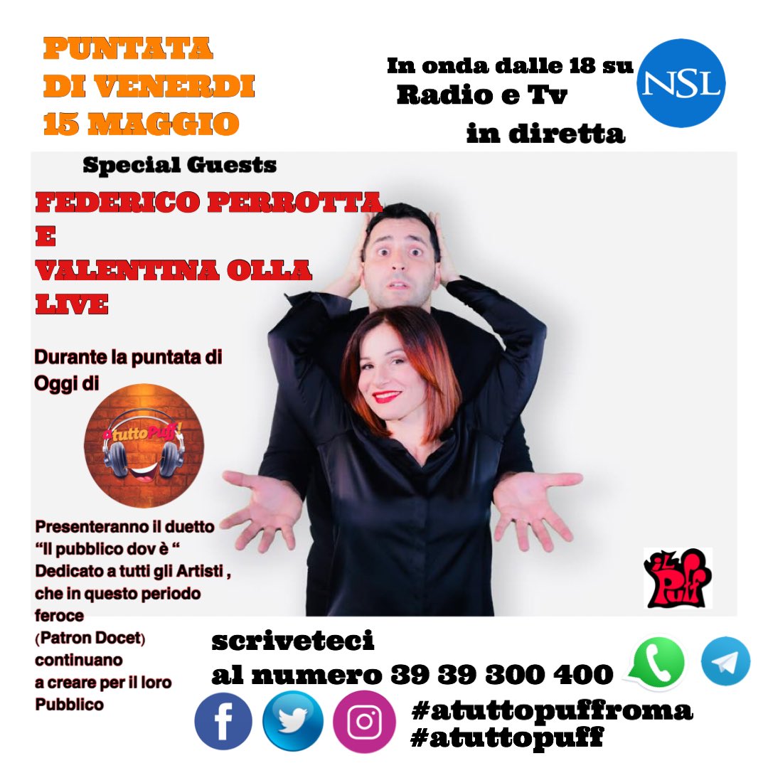PUNTATA DI VENERDÌ 15 MAGGIO
LUCE IN STUDIO Federico Perrotta e Valentina Olla dalle 18 su <a href="/RadioNsl/">Nsl Radio Tv</a> #atuttopuff #atuttopuffroma
