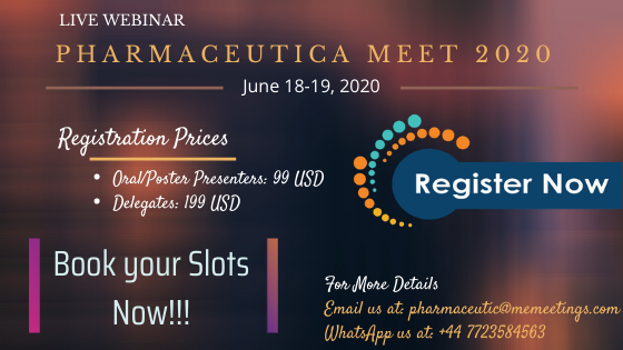 FoodWebinar20's tweet photo. Few Slots available for #PharmaceuticaMeet2020 @Webinar on #June 18-19 
#RegisterNow and #Bookyourslots 
#AvailSpecialRegistrationOffers for this month 
#SpecialRegistration for #Students 
#ContactUs for more details and agenda https://t.co/IS1aWs3JMS