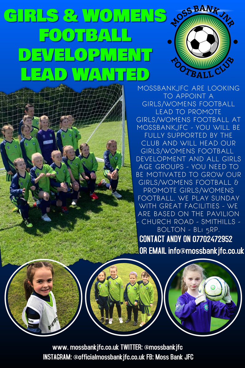 We r wantin 2 appoint a new Girls/Women's Football Development Lead 2 take Girls/Women's Football 4ward at the club. U must be motivated to promote girls/women's football at the club. U interested? 📞 Andy on 07702472952 or info@mossbankjfc.co.uk <a href="/OfficialBBDFL/">Bolton, Bury & District Football League</a> <a href="/OfficialNWGFL/">North West Girls Football League</a>