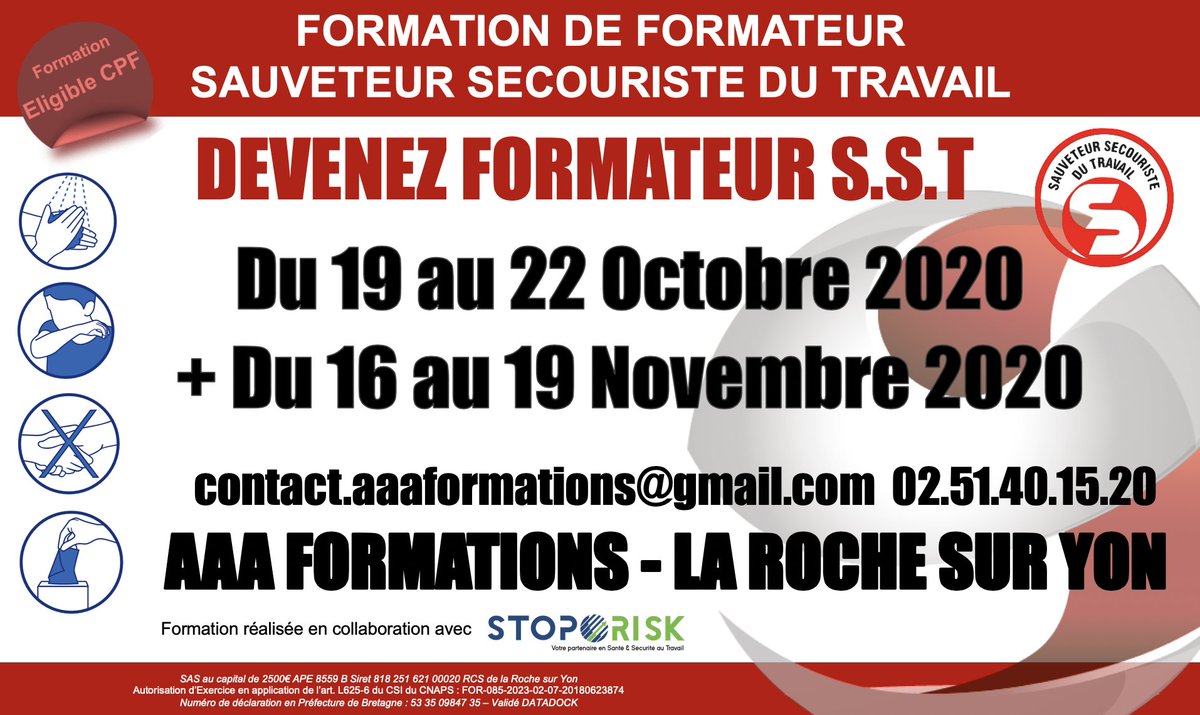 Du nouveau chez #AAAFORMATIONS pour la rentrée de Septembre 2020 ... Devenez Formateur Sauveteur Secouriste du Travail, inscription ouverte à contact.aaaformations@gmail.com ou 0251401520.
