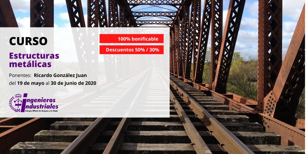 📢¡Nuevo #Curso!
Estructuras metálicas

📲 bit.ly/2T7AafL
👨‍🏫 Ricardo González Juan
🗓️del 19 de mayo al 30 de julio

Descuentos #YoMeQuedoEnCasa
👉50% si eres colegiados o alumnos de nuestros cursos
👉30% si es la 1ª vez que haces un curso nuestro