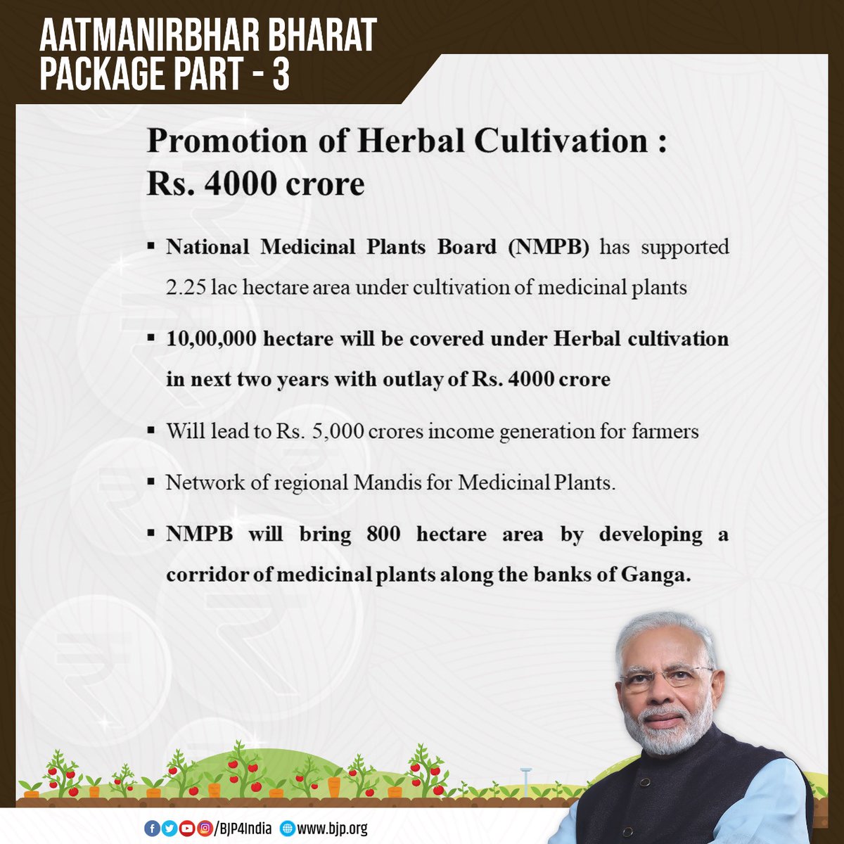 BJP4India's tweet photo. Rs 4,000 crore to promote herbal cultivation. #AatmaNirbharDesh https://t.co/og8lJLgM6x