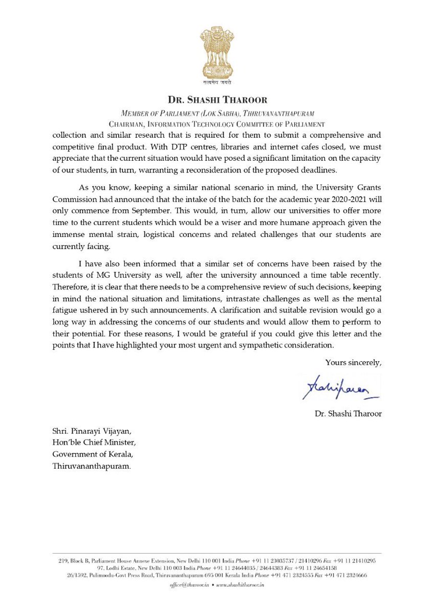 ShashiTharoor's tweet photo. At the request of a large number of students I have requested @cmoKerala ⁦@vijayanpinarayi⁩ to reconsider the decision to resume all pending examinations. https://t.co/lZKxl0eyJF