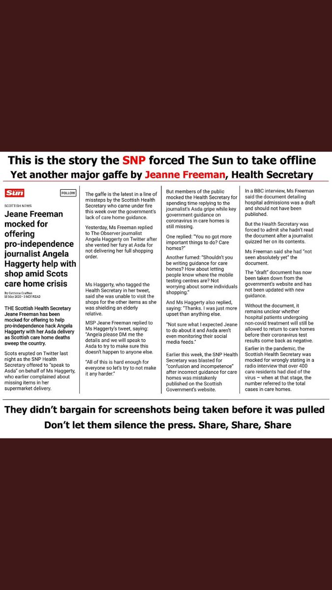 catsolo3's tweet photo. @JanetMcwee @mik61scot Meanwhile in Scotland the Health Minister helps her friend (journalist SNP supporter) complain about ASDAโs online shopping. The Sun was running the story which was then censored by the SNP Government. That socialism for you! https://t.co/JZYZT76sQW
