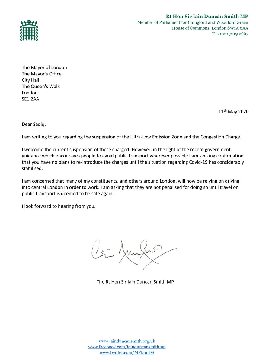 Iain Duncan Smith MP Chingford & Woodford Green (@mpiainds) on Twitter photo I urge the <a href="/MayorofLondon/">Mayor of London, Sadiq Khan</a> to use some common sense: don't reintroduce #CongestionCharge & #ULEZ at this time. It will punish keyworkers & those not able to work from home being encouraged to start work again
It's a disgraceful act by a Mayor that does not take responsibility(1/2) I urge the <a href="/MayorofLondon/">Mayor of London, Sadiq Khan</a> to use some common sense: don't reintroduce #CongestionCharge & #ULEZ at this time. It will punish keyworkers & those not able to work from home being encouraged to start work again
It's a disgraceful act by a Mayor that does not take responsibility(1/2)