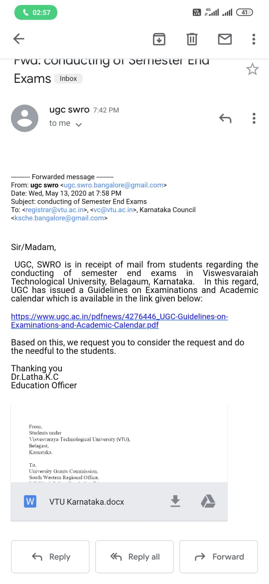vtucomplaint1's tweet photo. Bangalore UGC have replied to us on May 13th forwarding our message to the headquarters and ministers. Lets hope they consider our points and make a good decison. Our voice has been heard at last!. https://t.co/EUo2j4yDXq