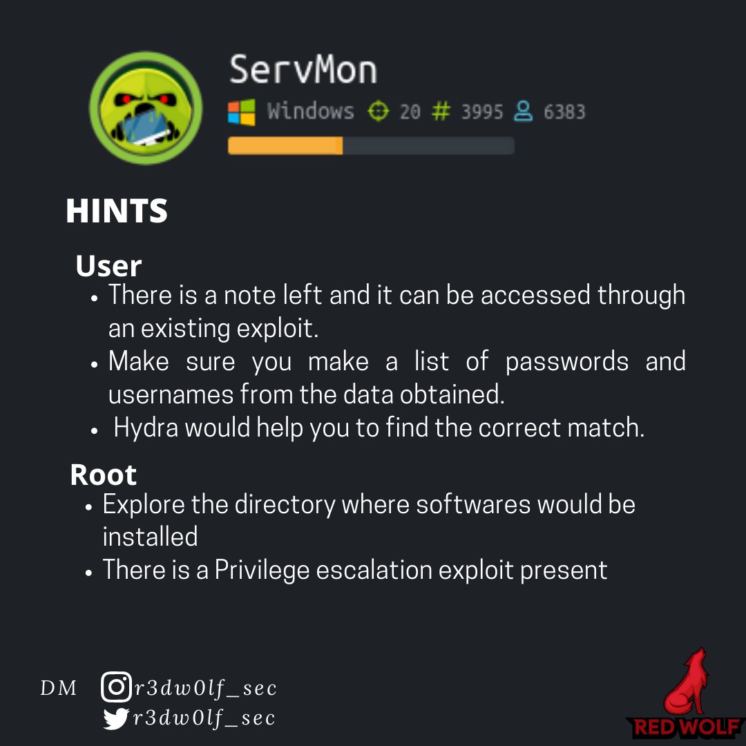 r3dw0lf_sec's tweet image. I have decided to share some hints for Hackthebox machines in form of a poster.. Let me know your comments in DM
#HackTheBox #ServMonwriteup #htbwriteup #hacktheboxwriteup #ServMon #rooted #HTB #ctf #OSCP #infosec