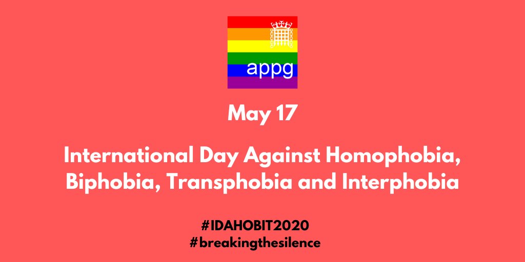 APPGLGBT's tweet photo. 📢 May 17 is the International Day Against Homophobia, Biphobia, Transphobia &amp; Interphobia.  

The UK must continue to advance and uphold the rights of all lesbian, gay, bisexual, transgender, &amp; intersex people at home &amp; across the world 🏳️‍🌈💗💜💙🏳️‍⚧️💛💜🇬🇧🌏🌍🌎 

#IDAHOBIT2020 https://t.co/Ibhw7WyRLX