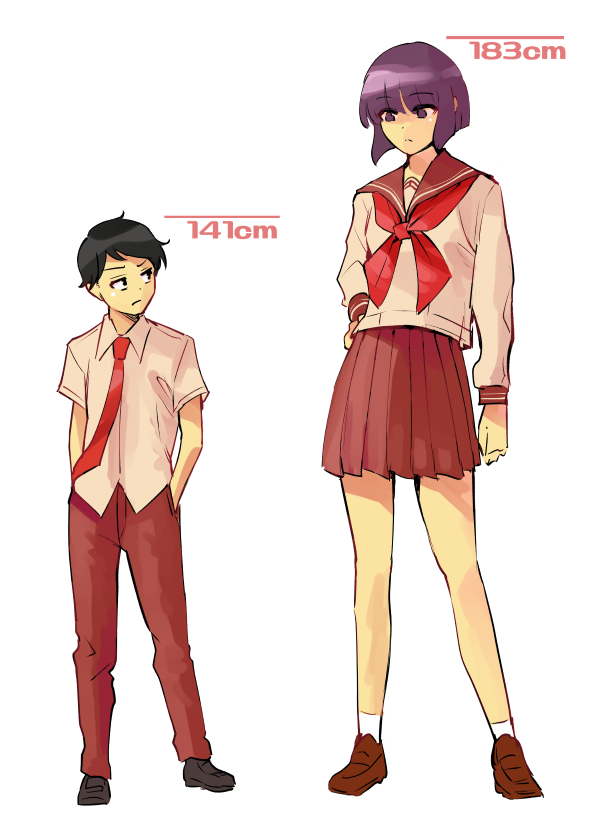 1boy 1girl school uniform serafuku purple hair short hair skirt  illustration images