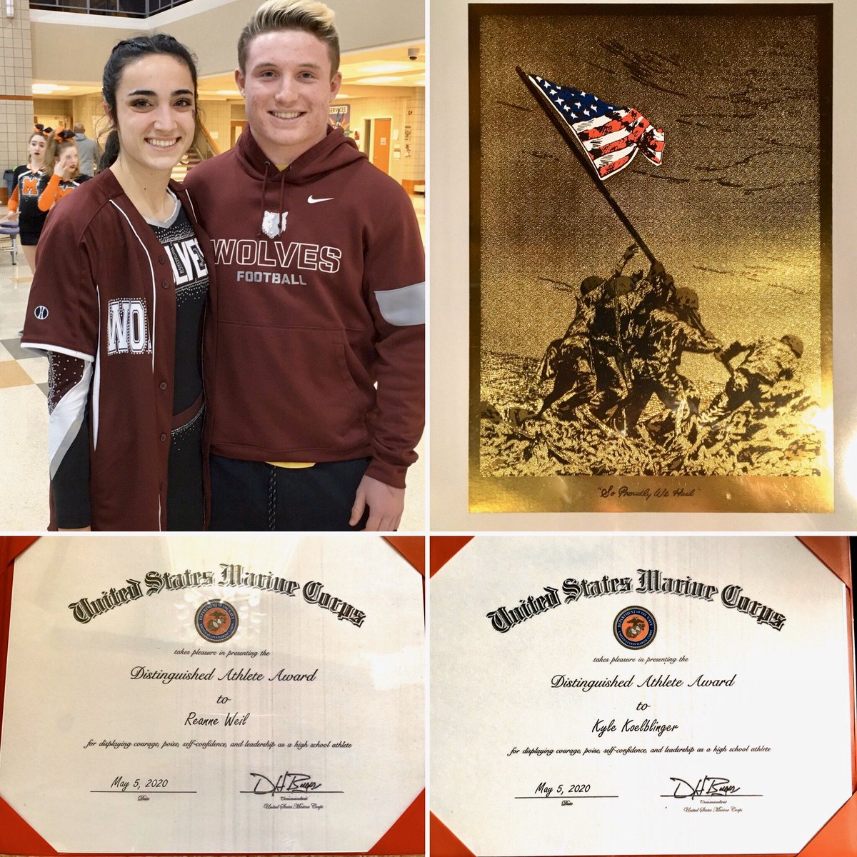 The @USMC Distinguished Athlete Award is presented to @ReanneWeil & @kkoelby3 for displaying courage, poise, self-confidence and leadership as a high school athlete. Go Wolves! #seniors2020 @prgirlssoccer1 @prvarsitycheer @PrairieRidgeFB @prwrestling1 @PRathleticsAD @SKochPR