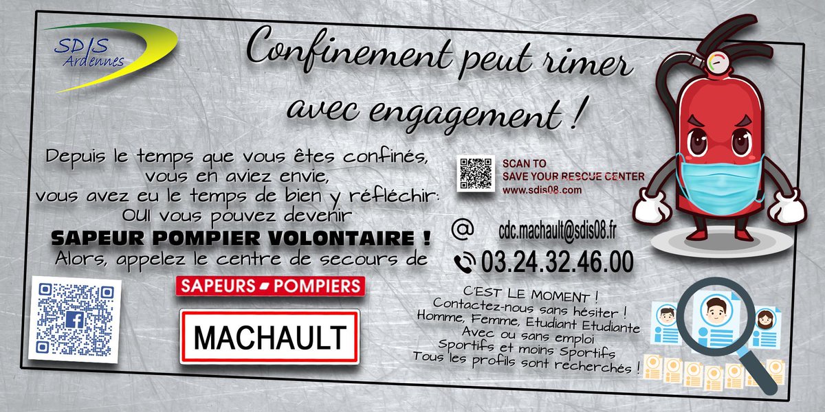 sdis08's tweet photo. Depuis le temps que vous êtes confinés, vous en aviez envie, vous avez eu le temps de bien y réfléchir. OUI vous pouvez devenir SAPEUR POMPIER VOLONTAIRE !
C'est le moment ! Contactez le #CIS #Machault TOUS LES PROFILS SONT RECHERCHÉS ! #Recrutement #Ardennes https://t.co/URssobg2ii