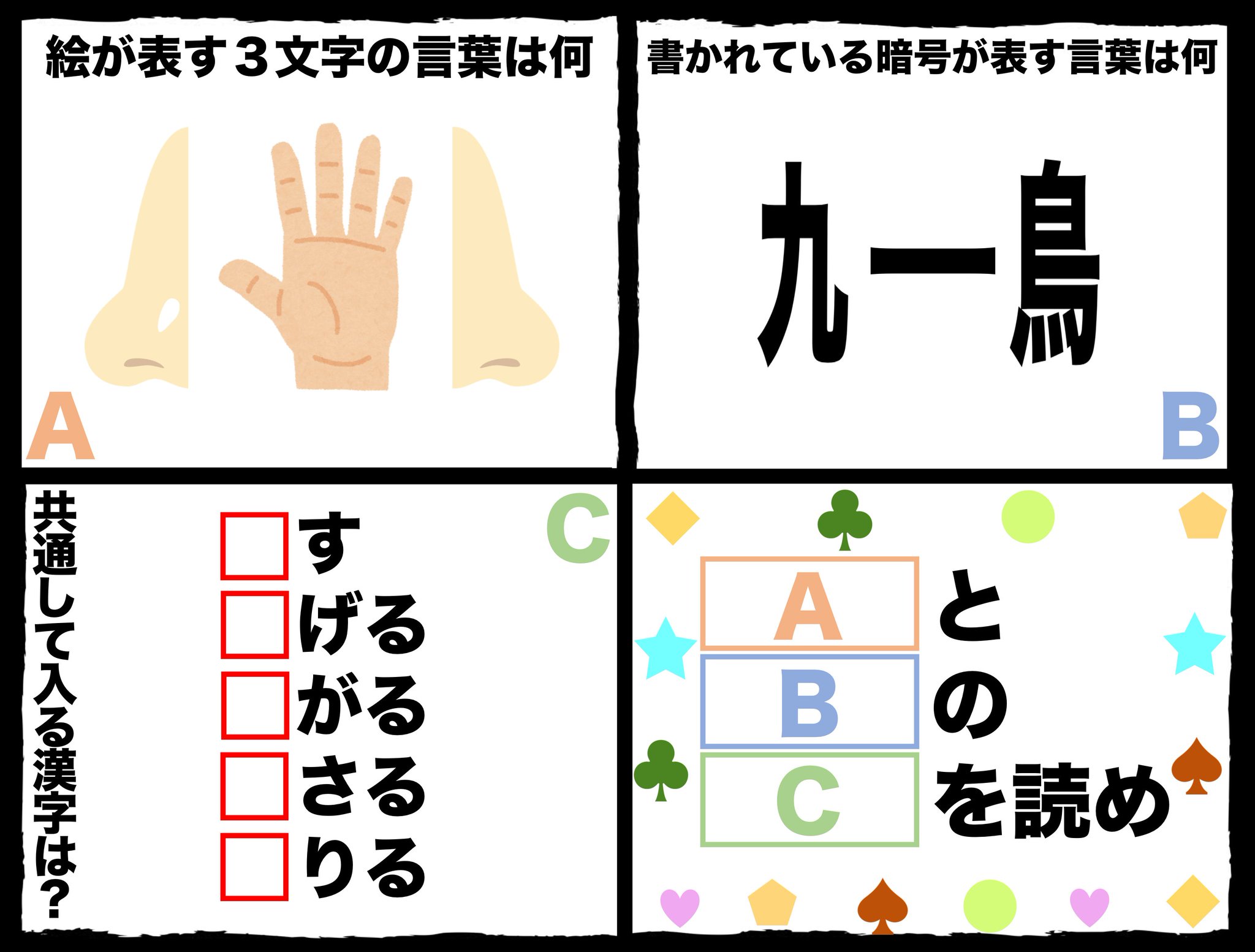 暇な人 謎解きでもしませんか 謎解きno 166 ａ ｃの３つの謎から導かれる １つの言葉をお答え下さい 答えは書かずに 答えが分かったらｒｔ 解けなくても是非拡散 T Co 7dlaqycgd3 Twitter