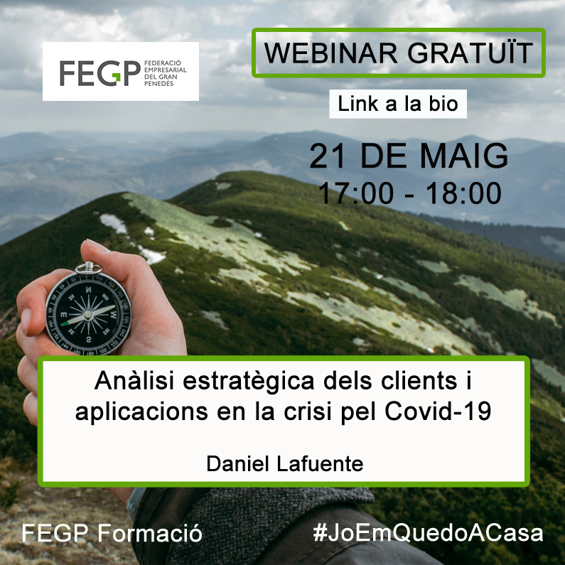 FegpComunicacio's tweet photo. ✅ Webinar gratuït de Daniel Lafuente de l’empresa Incognos. 🗓Dijous 21 de maig a les 17h ens parlarà d’una anàlisi estratègica dels clients i aplicacions.
🔴 Inscripcions al link i un cop feta rebreu un missatge amb l’enllaç per accedir a la xerrada: https://t.co/mNDQuf5xRR https://t.co/hKciW6KwyX