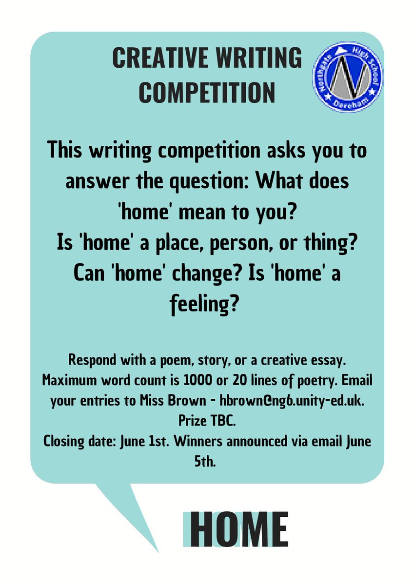 NgateDereham's tweet photo. Miss Brown has put together a creative writing competition for students.
If you are interested in taking part, please see the poster for more details. #CreativeWriting #NorthgateTogether #Home https://t.co/YM5ESt7P7D