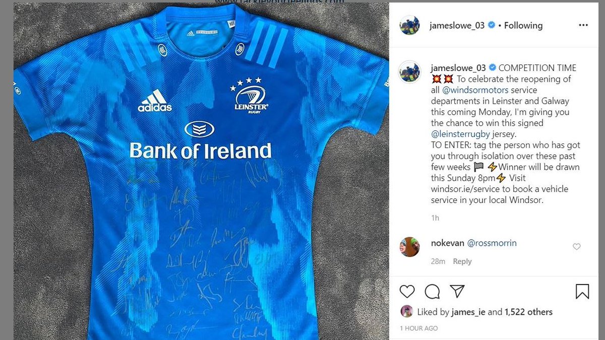 Who'd like to win a signed Leinster jersey?! To celebrate the nationwide reopening of our Service Departments this coming Monday, James Lowe has a super prize to give away over on his Instagram page instagram.com/jameslowe_03/ 😍