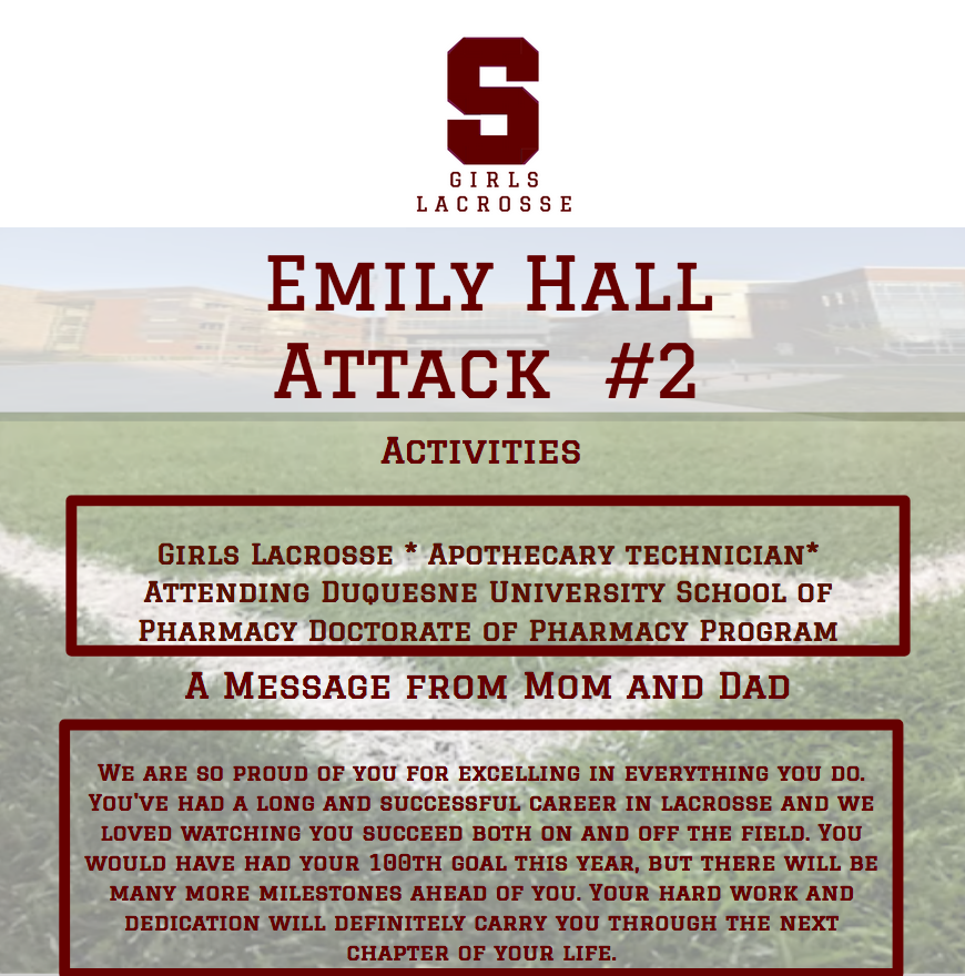 SC Athletics (@scasdathletics) on Twitter photo We'll start our Friday with a senior spotlight, offering a THANK YOU to <a href="/emilyhall22/">Emily Hall</a> from <a href="/SC_GLAX/">SC Girls Lacrosse</a> ! Always quick with a smile and laugh, she has been a great Little Lion. Best of luck at Duquesne, Emily!
🦁🥍🎓
#Family115 We'll start our Friday with a senior spotlight, offering a THANK YOU to <a href="/emilyhall22/">Emily Hall</a> from <a href="/SC_GLAX/">SC Girls Lacrosse</a> ! Always quick with a smile and laugh, she has been a great Little Lion. Best of luck at Duquesne, Emily!
🦁🥍🎓
#Family115