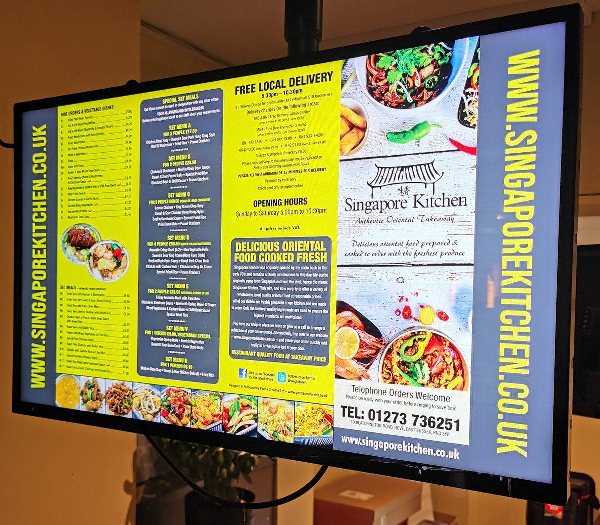 digsigncentre's tweet photo. New digital menu board installed for Singapore Kitchen @singkitchen  in Hove this week replacing a static back-lit menu box. A 32" digital menu board now shows off the menus on rotation to great effect ! https://t.co/8iLfq0Oy24