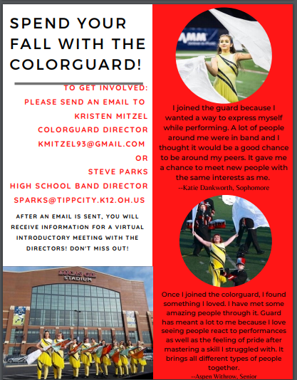 Are you interested in joining the THS Colorguard next year? Colorguard is open to all students grades 7 through 12. See attached flyer if you are interested! <a href="/TippHS/">Tippecanoe HS</a> <a href="/TippBands/">tippbands</a>