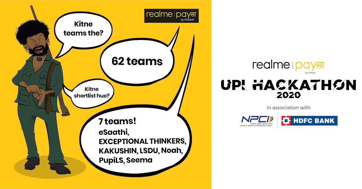 realme_PaySa's tweet photo. Yeh aaj ke zamane ke real coders hai, HAHA! Congratulations to all the teams shortlisted for the realme PaySa UPI Hackathon in association with @NPCI_NPCI &amp; @HDFC_Bank.
@SridharVarun @MadhavSheth1 
#realmePaySa #UPIHackathon #JebMeinPaySaTohTensipnKaisa https://t.co/TmMvnoxlat