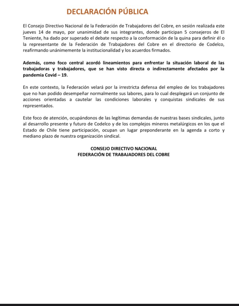 FTCobre's tweet photo. #FTCDECLARA El Consejo Directivo Nacional de la @FTCobre ratifica los acuerdos y metodología para definir la quina para elegir al nuevo director de @CodelcoChile que represente a l@s trabajadores! Además velará por la irrestricta defensa del empleo en medio de pandemia #COVIDー19 https://t.co/r7QuKFbylu