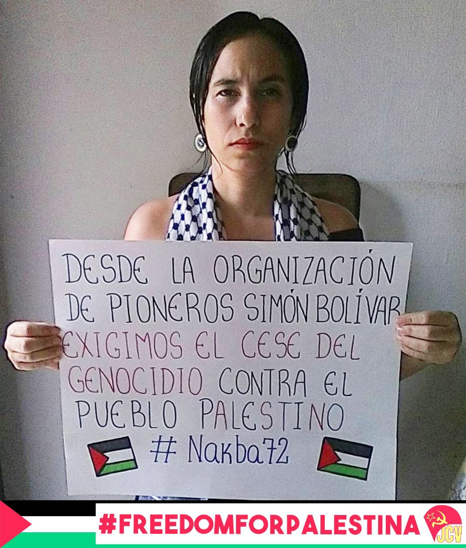 Jotaceve1947's tweet photo. #15Mayo 🇵🇸|

🔊 Desde la Organización de Pioneros "Simón Bolívar" exigimos el cese del genocidio contra el pueblo palestino.

👉El sionismo y el imperialismo son los enemigos de los pueblos, ¡Viva #Palestina libre!

@PCV_Venezuela
#FreedomforPalestine
#Nakba72 
#ResistToReturn72 https://t.co/RhRtIDPr6R