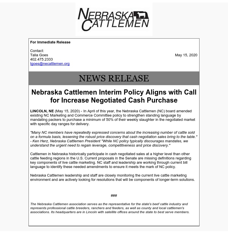 “...we understand the urgent need to regain leverage, competitiveness and price discovery.” – Ken Herz, Nebraska Cattlemen President #cattlemarkets #negotiatedcashtrade