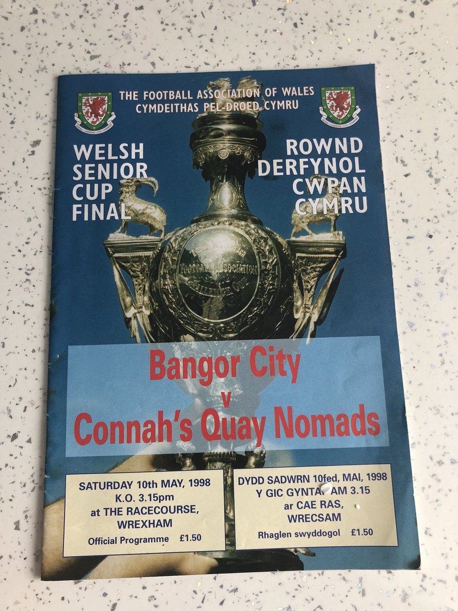 JayCatton's tweet photo. Old @the_nomads program hidden away from the @FAWales Welsh Cup game against @bangorcityfc which I attended as a kid at @Wrexham_AFC back in 1998. Great team with 4 hall of famers in this pic, including the legend Mal Latter whose tash is looking as sharp as ever. #tashtastic https://t.co/NwOcSHGfhk