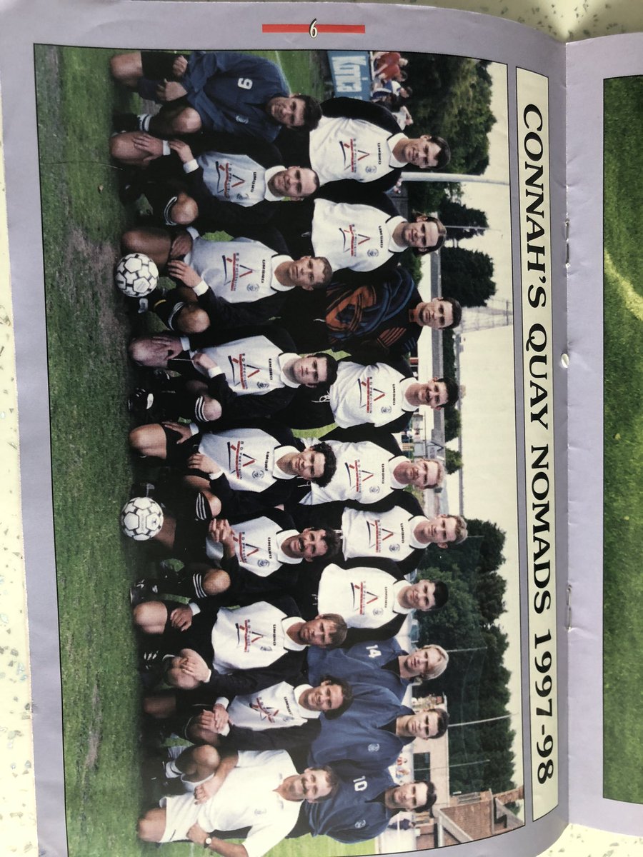 JayCatton's tweet photo. Old @the_nomads program hidden away from the @FAWales Welsh Cup game against @bangorcityfc which I attended as a kid at @Wrexham_AFC back in 1998. Great team with 4 hall of famers in this pic, including the legend Mal Latter whose tash is looking as sharp as ever. #tashtastic https://t.co/NwOcSHGfhk
