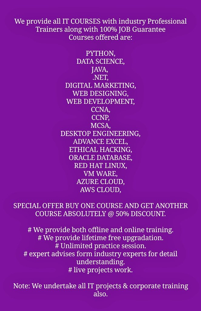 ITtrainingskill's tweet photo. Improve your skills for better future
Contact Mr. Juzer on 7977499929
Address 106, pearl plaza, Andheri west, Mumbai 400058
#digitalmarketing #python #java #net #webdesining #datascience #ccna #redhat https://t.co/5lX9UnUXcu