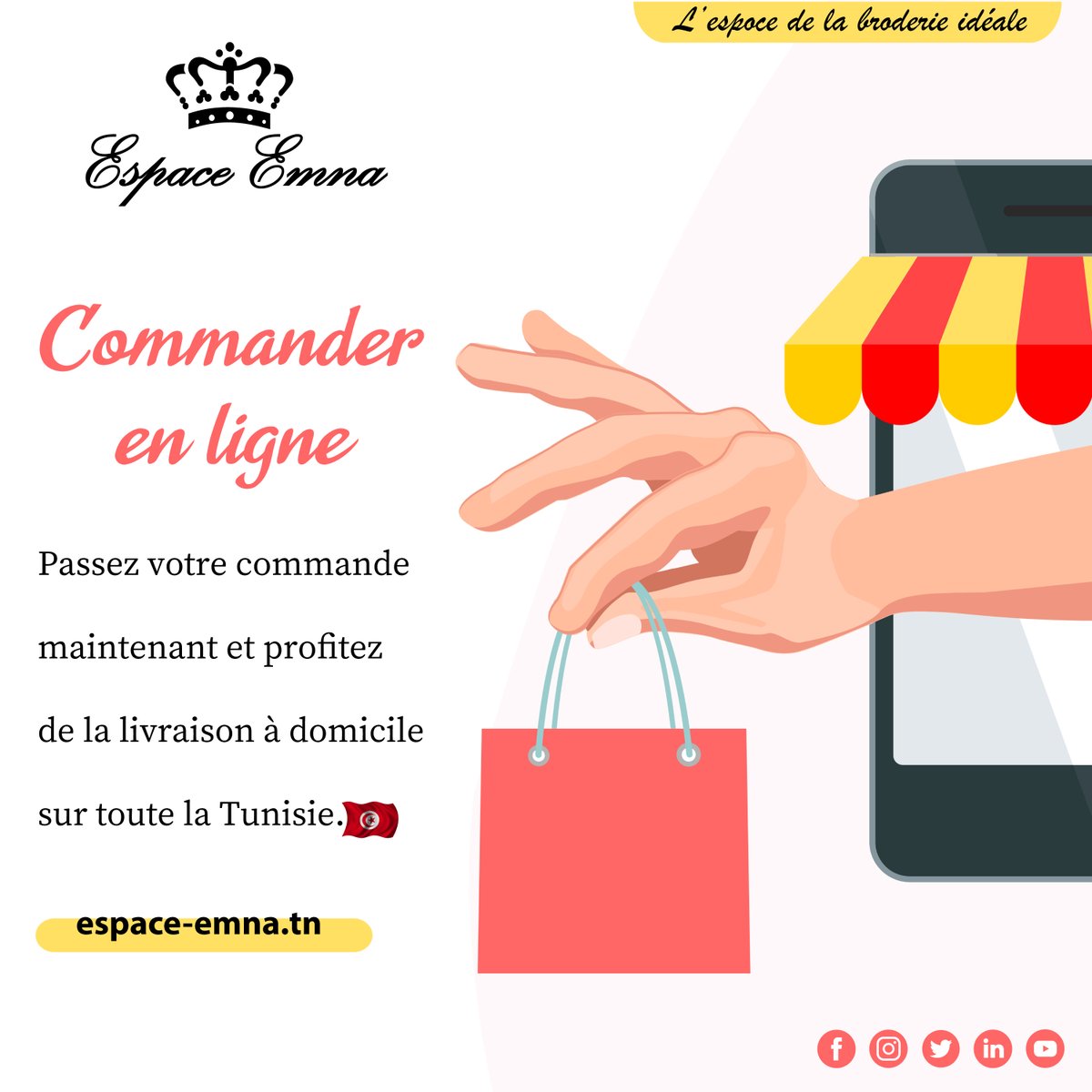 EspaceEmna's tweet photo. 🌐 https://t.co/CJp60ydmii 🌐

Passer votre commande maintenant sur notre site web ou par message privé et profitez de la livraison à domicile sur toute la Tunisie 🇹🇳 🚗.

#EspaceEmna #ecommerce #livraison #venteenligne #Tunisie #Ramadan2020 https://t.co/ub0T3PzyG6