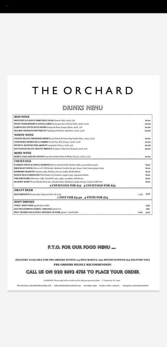 Ellaryβs (@ellarysbrockley) on Twitter photo We're open and taking orders! Drop us a line on 02086924756.
If you can't get through please email us on hello@thebrockleyorchard.com or send an Insta DM with your name and number and we'll call you back!
Open:
Wed - Sat 12noon til 8.30pm
Sun 12noon til 4pm
#Brockley #SE4 We're open and taking orders! Drop us a line on 02086924756.
If you can't get through please email us on hello@thebrockleyorchard.com or send an Insta DM with your name and number and we'll call you back!
Open:
Wed - Sat 12noon til 8.30pm
Sun 12noon til 4pm
#Brockley #SE4