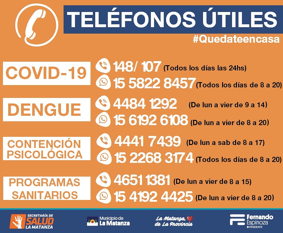 saludpublicaok's tweet photo. ☎️ TELÉFONOS ÚTILES 📞
Desde la Secretaría de @saludpublicaok te ofrecemos diferentes números de teléfonos útiles para que el vecin@ de @LaMatanzaMunic tenga presente ante cualquier consulta o necesidad.

#ArgentinaUnida
#CuidarteEsCuidarnos

@FerEspinozaOK https://t.co/GWCpavsI9G