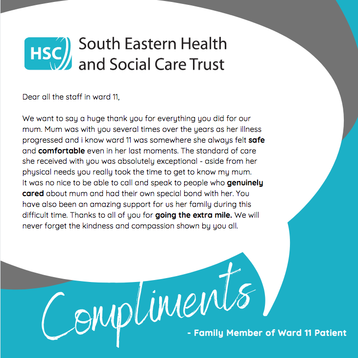 setrust's tweet photo. We have received a lovely compliment for our Ward 11 staff @ Lagan Valley Hospital! 🌈💙

Our staff really appreciate patients taking the time to send in positive feedback, thank you! 

#proudofourstaff #teamset #setleadership https://t.co/DJqFd7iWpI