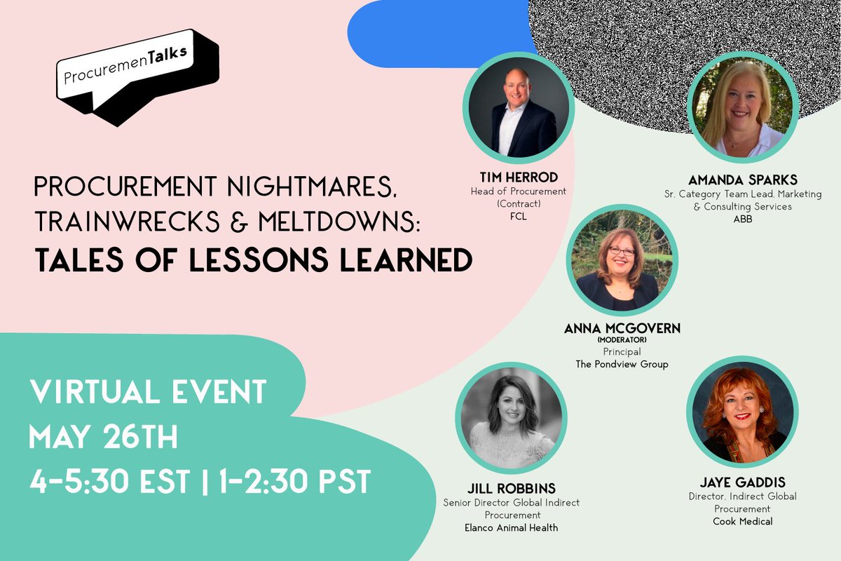 Let the knowledgeable and lively #PTalk panelist engage your mind as they share their wisdom and experience of what not to do (or what they could have done better) through their tales of "Procurement NIghtmares, Trainwrecks and Meltdowns'!

Register lnkd.in/eCx6K3M.