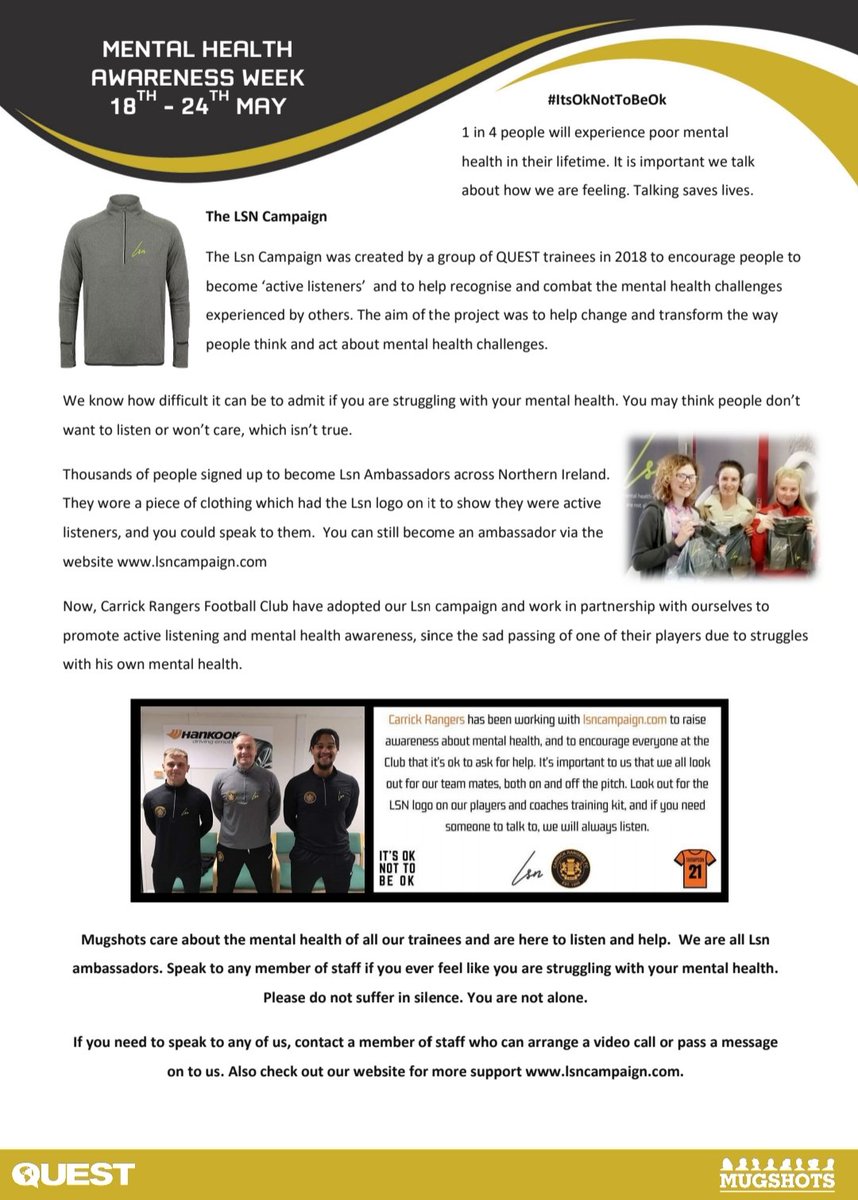 MugshotsPrint's tweet photo. This weeks supporting info for our trainees highlights #MentalHealthAwarenessWeek. We all need to talk sometimes, so who is willing to listen? @CarrickRangers support https://t.co/QOEkah05s2 and you can too
@NIPrisons 
@Justice_NI 
@Economy_NI https://t.co/l3Zkm96mnv