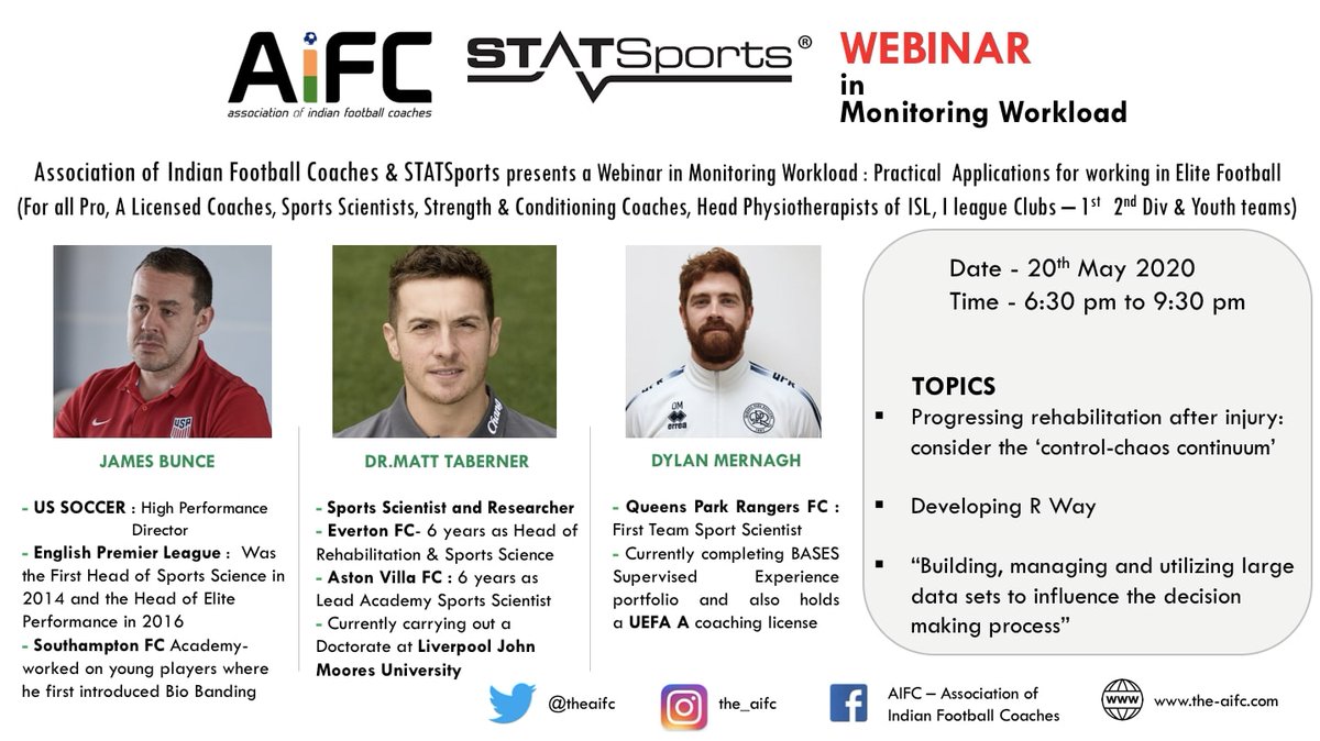 theaifc's tweet image. #AIFC in partnership with STATSports are conducting a webinar in Monitoring Workload! 

Eminent personalities with vast experience will lead the session. Find details on the speakers &amp;amp; criteria to attend for the participants in 📸

#CoachEducation #Indianfootball @DylanMernagh