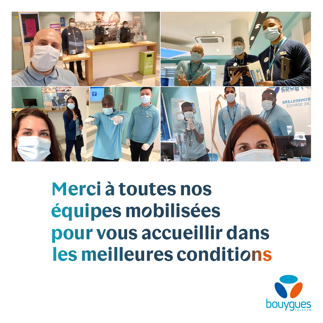 Bravo et merci à tous nos conseillers en boutique <a href="/bouyguestelecom/">Bouygues Telecom</a> qui accueillent depuis lundi dernier nos clients avec le sourire et en toute sécurité 👏🙏👏 #OnEstFaitPourEtreEnsemble ➡️ bytl.fr/RéouvBoutique