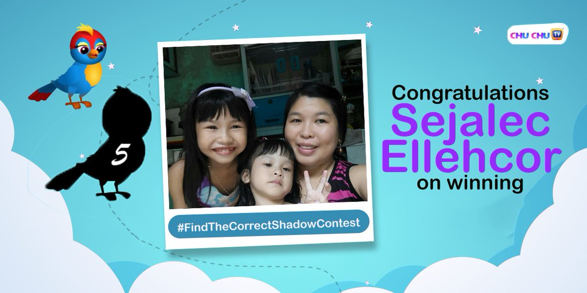 TheChuChuTV's tweet photo. We have our lucky winner for #FindTheCorrectShadow, Sejalec Ellehcor our Facebook Follower is the winner of this contest.
It has been a great pleasure receiving all your entries! - Team ChuChu TV
#ChuChuTv #ContestWinner #WinBig #ContestAlert #FindTheCorrectShadow #Winner https://t.co/0G7MOj1gtM