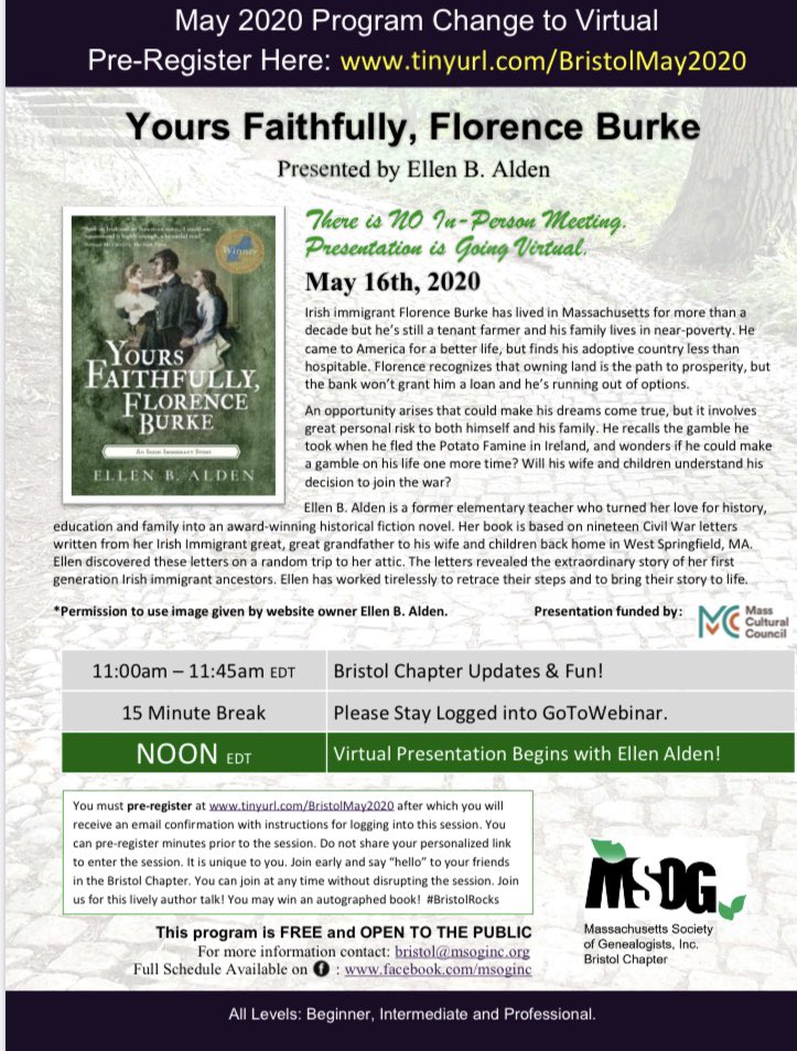 ellen_alden's tweet photo. Join me at 12 tomorrow as I present the incredible story of my Irish immigrant GG Grandparents to the @MAGenealogists @IrishShips @IrelandBoston @ICCNELIBRARY @irishnetboston @ICCWNE @irishculturalcentre @yvonnehickey1 @EPICMuseumCHQ @Geneosity @ExtremeGenes @CivilWarTimes https://t.co/rCGPj0nE9e