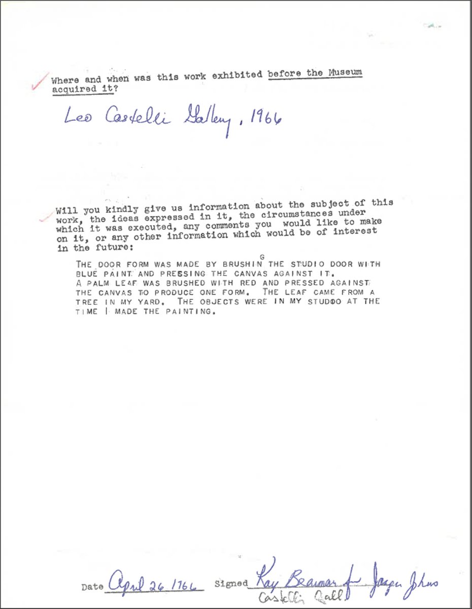whitneymuseum's tweet image. Happy 90th birthday #JasperJohns! In 1966, Studio became the first Johns work to enter the Whitney's collection. Check out the Whitney questionnaire that the artist filled out addressing various aspects of the artwork, pictured second.