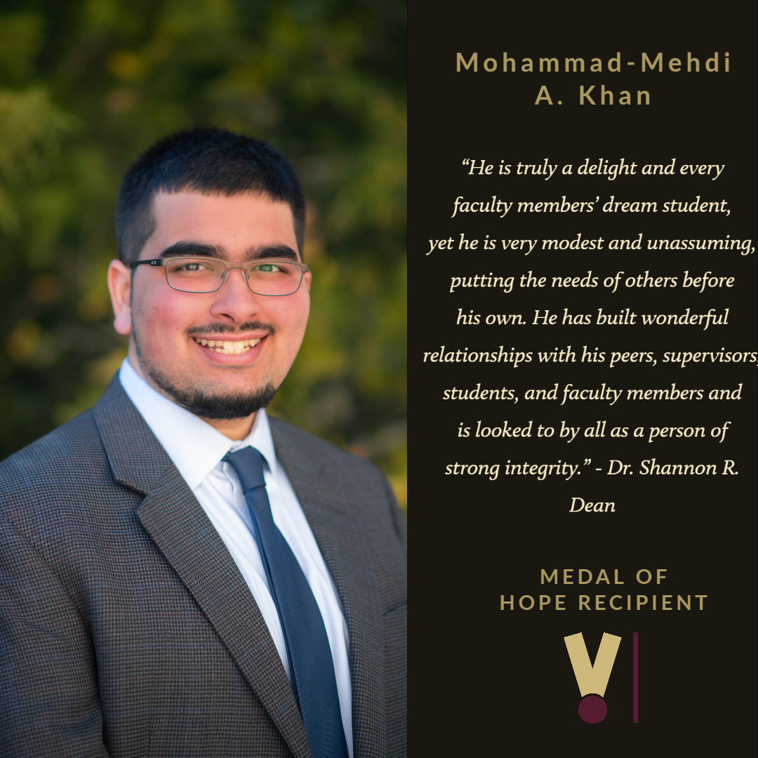 ☆ Medal of Hope 2020 Recipient ☆Mohammad-Mehdi A. KhanMajor: M.Ed. Student Affairs in Higher EducationGraduating: May 2020Congratulations Mohammad! Thank you for serving as our Graduate Assistant and developing the Leadership Institute!  #TXST  #TXSTGrad