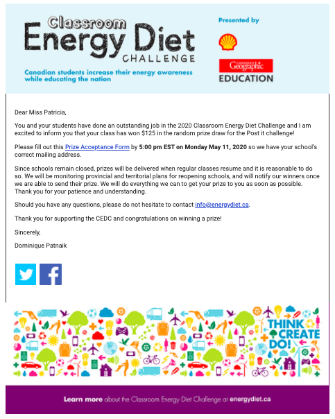 ESJS_Yk's tweet photo. Congrats to Mme. Patricia Oldfield and her JK class for successfully winning one of the prizes offered by the 2020 Classroom Energy Diet Challenge. Awesome job! #GoHuskies #AllezHuskies https://t.co/IcRFAuLU5m