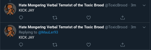 WillJGentry's tweet photo. Literally two tweets in a row saying #KickJay 
Something about this seems justifiably profound. 
@JayExci https://t.co/Hx47qY6hOH