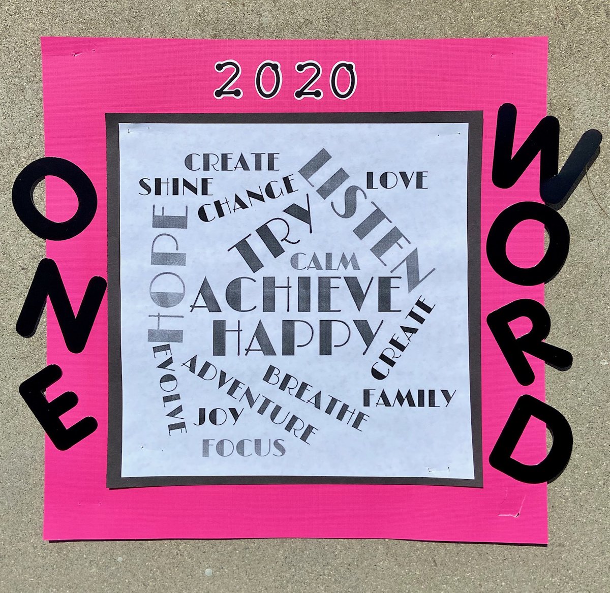 newmichell's tweet image. These are my student's "One Word" choices from the New Year. They still ring true today. When asked if they would change their word now, most did not. The changes made were fewer students choosing "achieve" and moving to  "hope, love, and try." 🥰 @bt_eagles #cesdproud