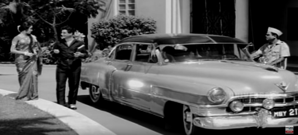 Finally found NTR's Cadillac. NTR and Chandrakala chat next to a 1952 Cadillac 60 Special (Fleetwood )with a V8 engine. Thalla Pellama (1970). NTR's home production. Rod movieLovely car. TV Sundaram Iynegar family owned a very similar model.