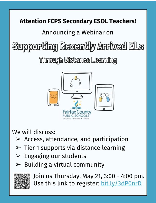 Secondary ESOL (@secondaryesol) on Twitter photo Attention FCPS Secondary ESOL teachers! Join us for our webinar: “Supporting Recently Arrived ELs” on Thursday, May 21 at 3 pm. Register here: bit.ly/3dP0nrD @EqabEsol @MsFlegal <a href="/HerrEducation/">HerrEducation</a> <a href="/am_hough/">Allison Hough</a> <a href="/CaitlynSaxton/">Caitlyn Saxton (she/her)</a> <a href="/WrightWayESOL/">Jason Wright</a> @dl_walsh @karenhkleiber Attention FCPS Secondary ESOL teachers! Join us for our webinar: “Supporting Recently Arrived ELs” on Thursday, May 21 at 3 pm. Register here: bit.ly/3dP0nrD @EqabEsol @MsFlegal <a href="/HerrEducation/">HerrEducation</a> <a href="/am_hough/">Allison Hough</a> <a href="/CaitlynSaxton/">Caitlyn Saxton (she/her)</a> <a href="/WrightWayESOL/">Jason Wright</a> @dl_walsh @karenhkleiber