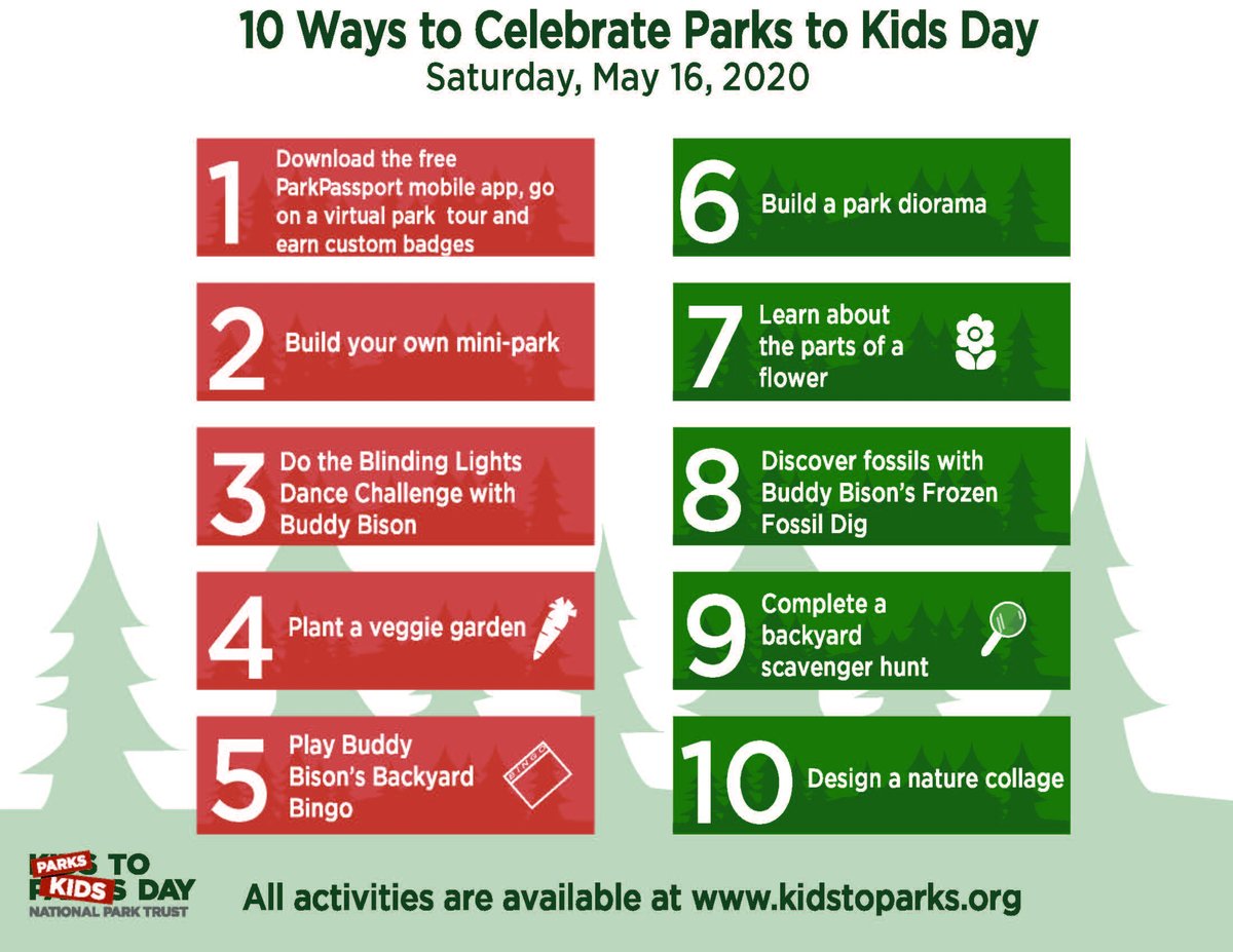 Today is #ParksToKids Day! Join the fun with these 10 ways to celebrate and embrace what you CAN do outdoors. 

Visit kidstoparks.org for all the details.

#KidsToParks #Saturday #EveryKidOutdoors #LocalParks #StateParks #NationalParks #Outdoors #EmbraceTheOutdoors