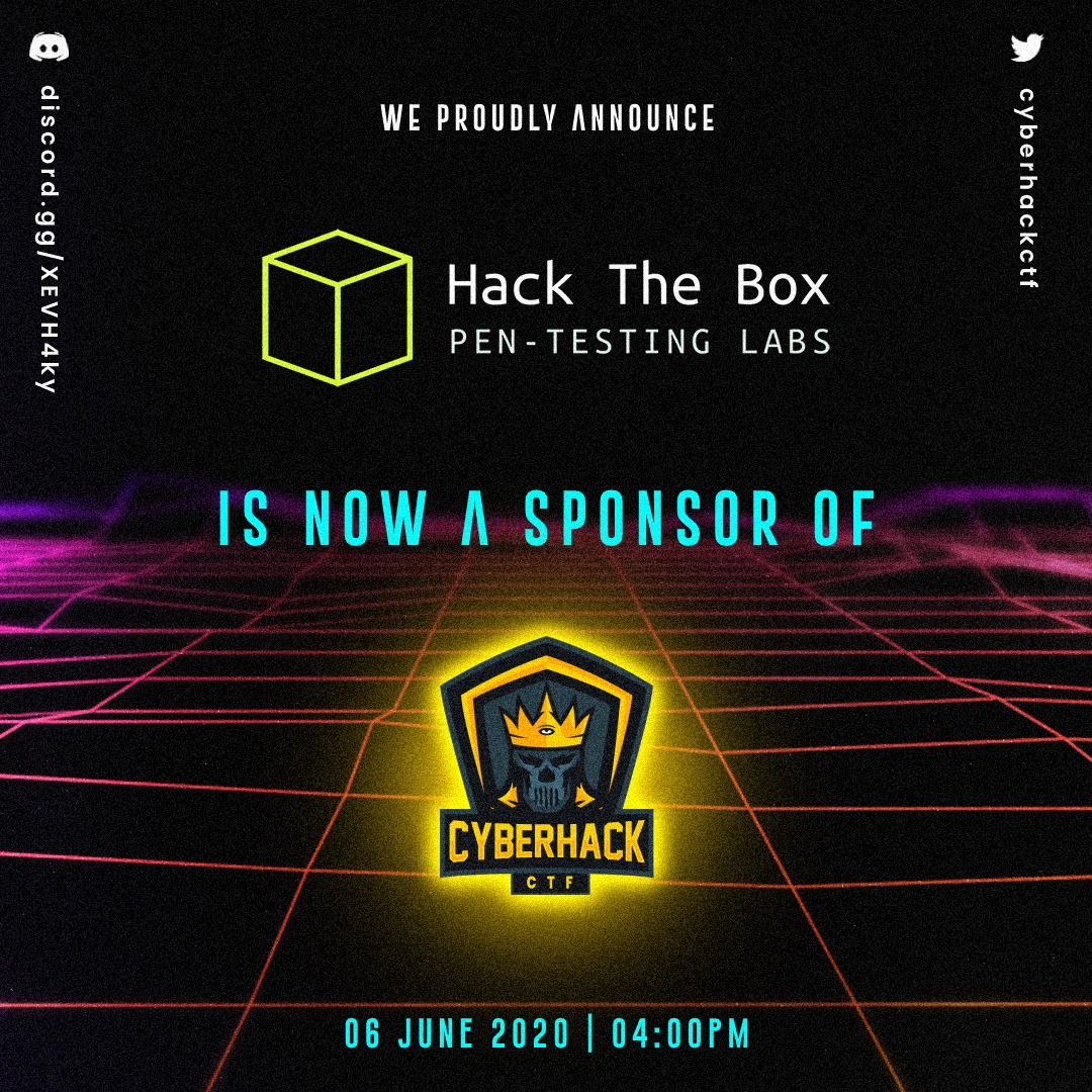 impratikdabhi's tweet image. We are proud to have @hackthebox_eu as a sponsor in CyberHackCTF 2020!
WE HOPE EVERYONE ENJOYS THE EVENT😄🔥 Stay tuned for more updates🔥♥️